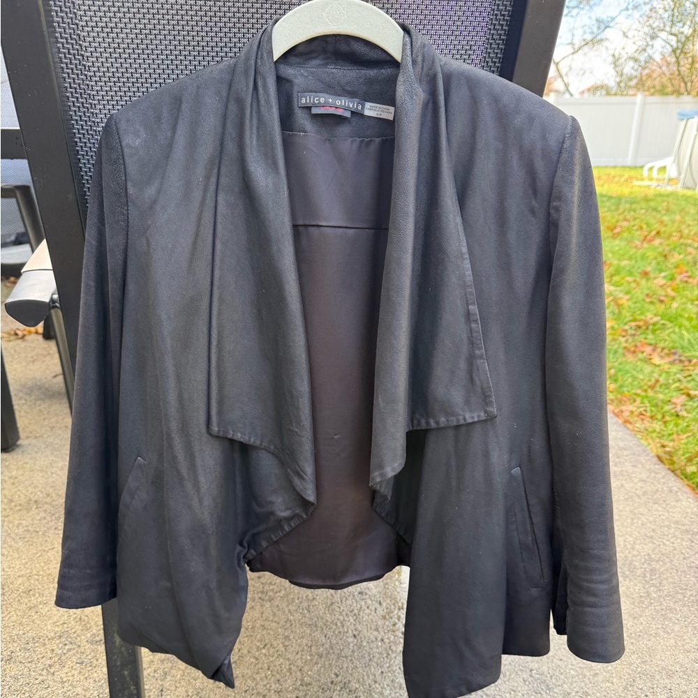 alice + olivia leather drap front jacket black Sz S